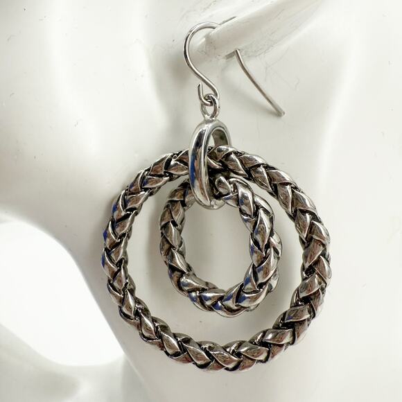 Ralph Lauren RLL silver metal Double Hoop Earrings woven braid rope texture - Picture 1 of 9